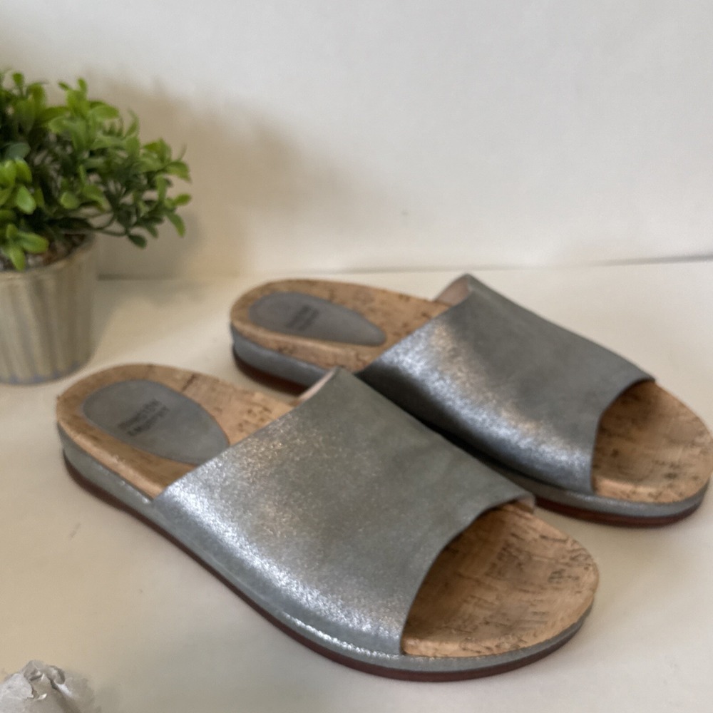 Johnston & Murphy Womens Silver Leather Slip On Slide Sandals Cork Size 7.5